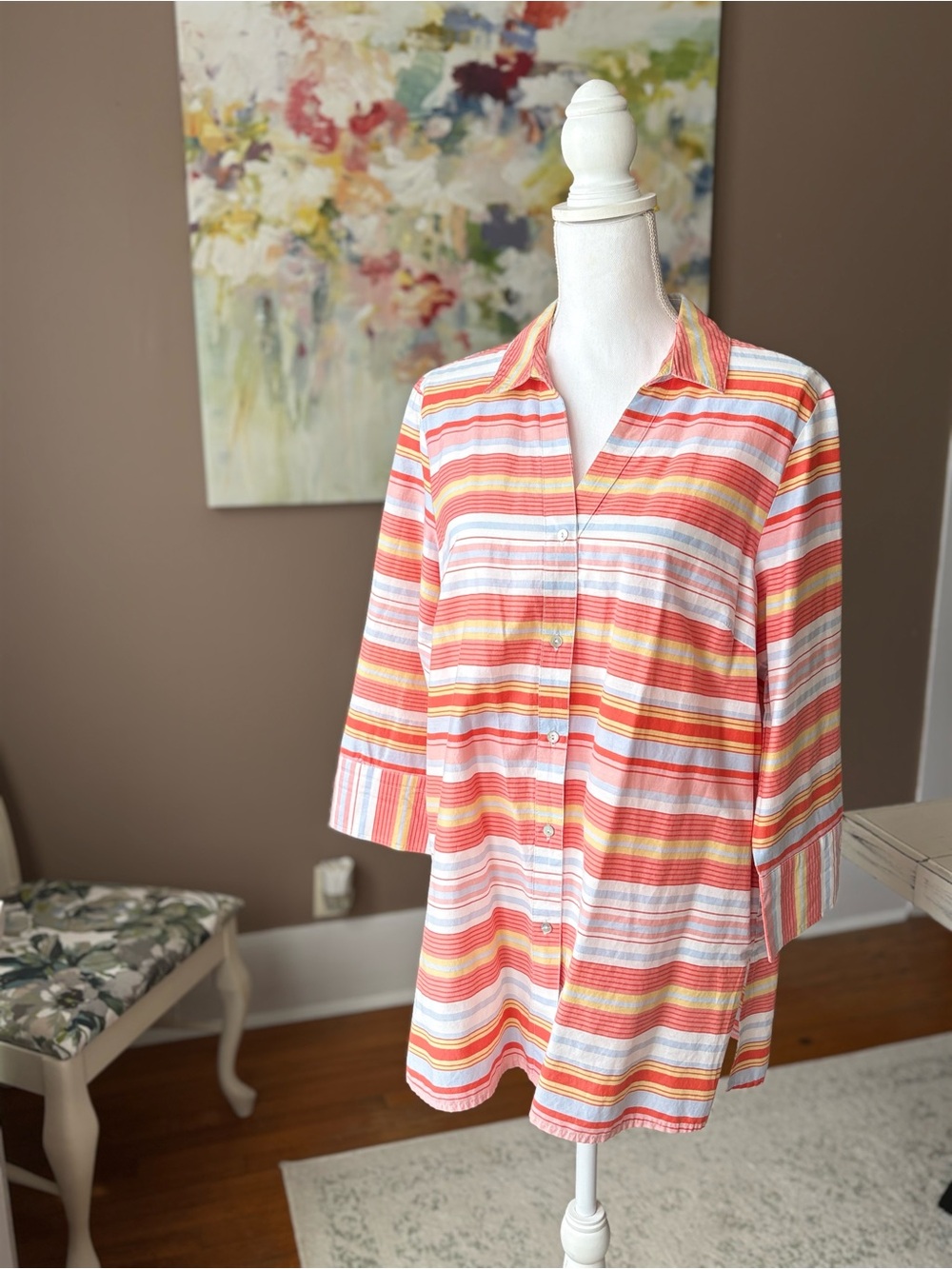 Westbound Coral, Pink & Yellow Striped Button-Up Tunic